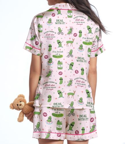 Image of HUNTFAMI Womens Soft Silky Satin Pajamas Set, 2 Pcs Sleep Short Pajamas for Mom and Grandma Button Down Summer Loungewear