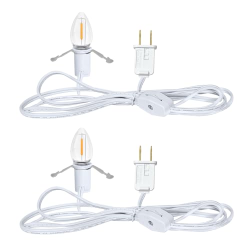 NETEHA 2 Pack 6Ft White Accessory Cord with C7 LED Bulbs E12 Socket Lamp Cord with On/Off Switch for Christmas Village House Holiday Decorations Pumpkin Lights
