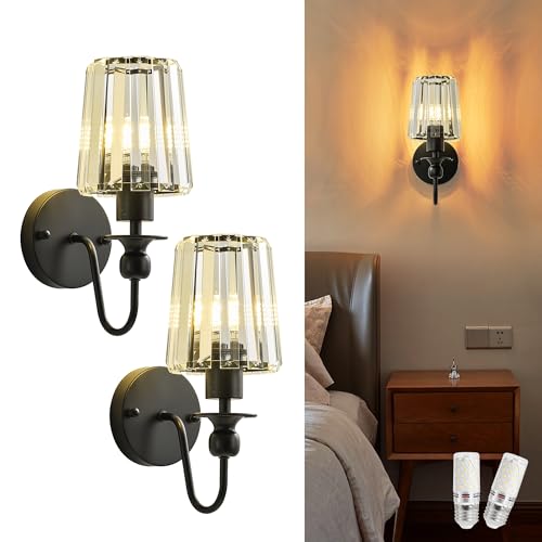 Image of KARTOOSH Hardwired Crystal Wall Sconces Set of 2 | 11.2 Inch Black Wall Lights Dimmable 3000K Warm White Wall Lamps for Hallway, Bathroom, Living Room, Bedroom