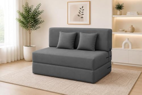 Image of Los Angeles Foldable 2 Seater Sofa Cum Bed, Sofa Bed 4 X 6 Ft, Jute Fabric Washable Cover Including Two Cushion Perfect for Living Room & Office Guest Room - Grey Color