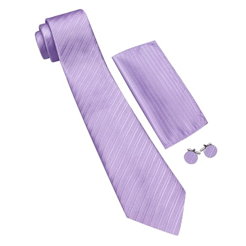 Image of Barry.Wang Solid Striped Tie for Men Silk Necktie Pocket Square Cufflinks Formal Wedding Party Business