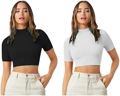 Dream Beauty Fashion Women's Casual High Neck Short Sleeves Stylish Regular Fit Crop Top - Pack of 2-17" Inches (Bulletblack-White-L)