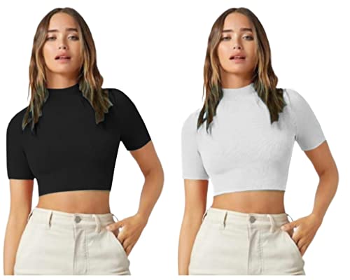 Image of Dream Beauty Fashion Women's Combo Casual High Neck Short Sleeves Stylish Crop Top - Pack of 2-17 inch inches