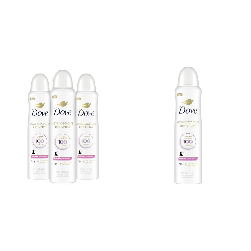 Dove Advanced Care Antiperspirant Deodorant Spray Clear Finish 3 Count and Single Invisible Antiperspirant Deodorant Tested on 100 Colors 72-Hour Odor and Sweat Protection