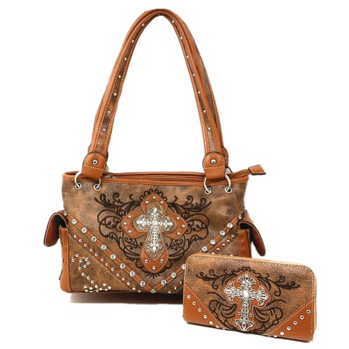 Western Embroidered Concealed Carry Purse/Wallet Set w/Rhinestone Cross