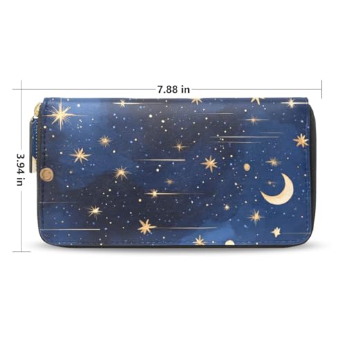 Womens Long Leather Wallet Zip Around Clutch Purse Large Capacity Card Holder Organizer Dark Blue Stars and Moons2