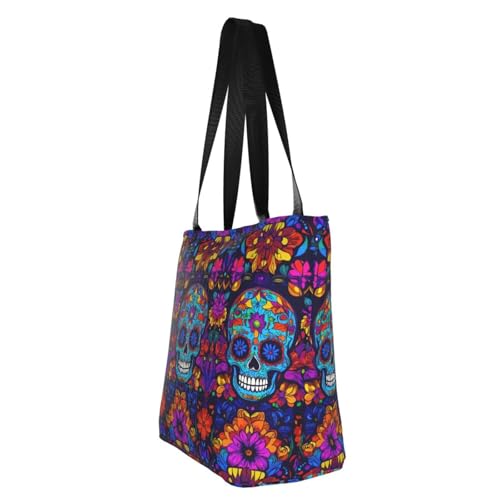 Sugar Skull Day of The Dead Flowers Women one Shoulder Bag Handbag Grocery Bags Tote Bag with Inner Pocket3