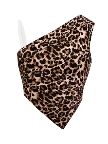 Verdusa Girl's Leopard One Shoulder Tops Y2K Summer Ruched Asymmetrical Sleeveless Tops