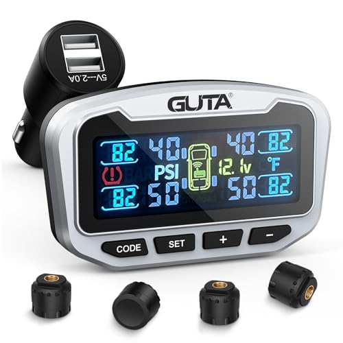 GUTA RV Tire Pressure Monitoring System, Trailer TPMS, 4 Sensors, 6 Alert Modes, Long Range Signal, CLA Charging & 2 USB-A Outputs, Adjustable LCD Display, Ideal for RV Truck Trailer Camper (0-188psi)