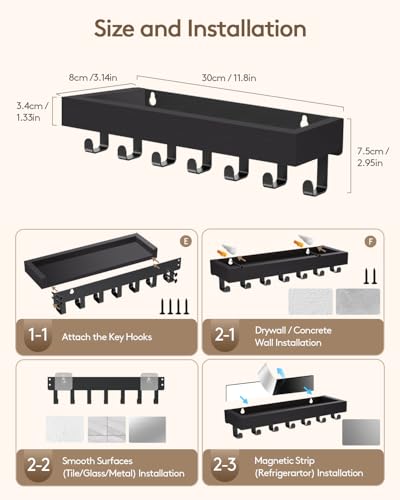 Image of Key Holder Wall Mount Magnetic Adhesive, Key Hooks Rack with Shelf | Key Hanger with Mail Organizer for RV Camper Fridge Living Room Decor, Home Essentials, Large Black