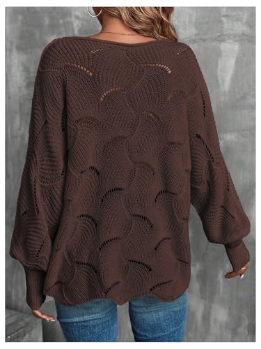 Women's Hollow Out Sweater Long Sleeve Boat Neck Oversized Pointelle Knit Pullover Top2