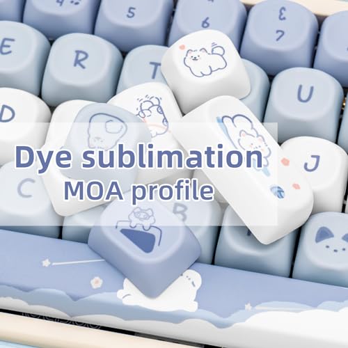 Image of Blue White Keycaps MOA Profile Keycaps Cute Puppy Custom Keycaps for Mechanical Keyboard, 132 Keys Set PBT Keycaps Dye Sublimation Keycaps
