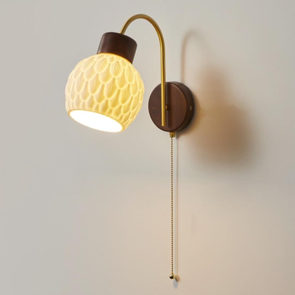 HXYSXHJUO Ceramic Wall Light with Pull Cord Switch Indoor Bedside Lamp E27 Farmhouse Sconce Gooseneck Copper Arm Lantern for Bedroom Living Room Study Corridor Entryway Restauran