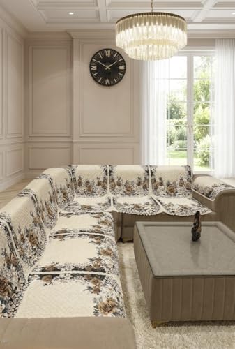 Image of BALLEY L Shape Sofa Cover Set, Cream Floral Print, Quilted, 14 Piece Set for Living Room