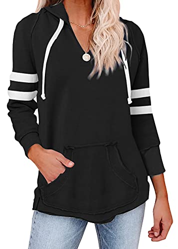 Fashare Womens V Neck Hoodies Color Block Long Sleeve Striped Hooded Sweatshirt Pullover with Pockets (X-Large, Black)