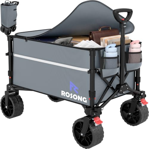 Image of ROSONG Collapsible Wagon Cart with Wheels, Grey with Cover, 120L | Foldable, Folding Utility, Heavy Duty, For Grocery Sports Garden Shopping Camping