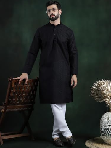 Image of SOJANYA (Since 1958 Men's Pure Cotton Checked Embroidered Long Kurta | Traditional for Diwali Celebrations