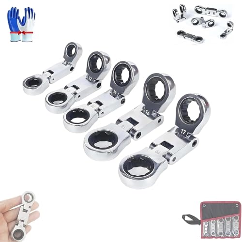 Kirposh Juego de 5 llaves cortas, trinquete de bolsillo de doble accionamiento, cabeza flexible, llave de trinquete de doble extremo de caja flexible de 180°, for espacios estrechos