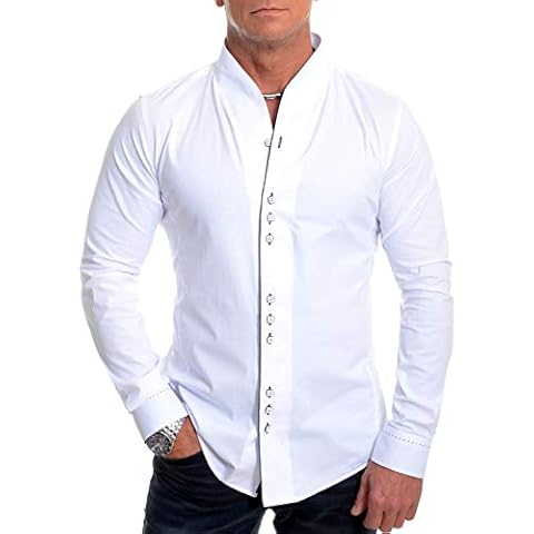 D&R Fashion Men's Formal Shirt with Contrast Cuffs Band Grandad Collar and Contrast Piping , White, XL Cover