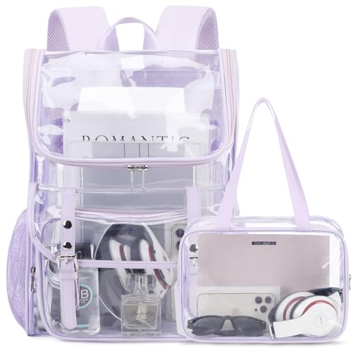 Image of DIGOBAY Clear Backpack with Lunch Bag, Leather Clear Bookbag Heavy Duty | Thick PVC Clear Backpack for Girls Women See Through Transparent Backpacks for Stadium Events College Travel Work, Purple1