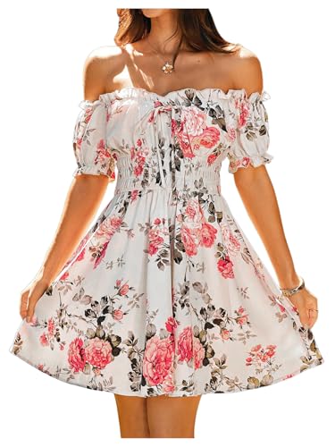 Image of Floerns Women's Floral Print Off Shoulder Ruffle Puff Sleeve Smocked Short Dress