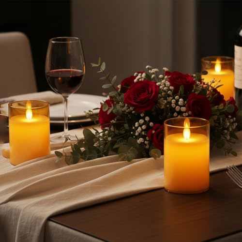 Image of LTETTES LED Glass Cup Pillar Flameless Electric Candles | Flickering Faux Wick | White Color Glass | Battery Powered with Multifunctional Remote Controller for Home Decor | Set of 3 3 inch D x 4 inch,5 inch,6 inch H