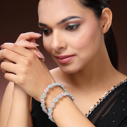 Image of ZENEME Rhodium Plated Silver Toned Floral Shaped American Diamond Studded Bangles Set Of 2 For Women & Girls