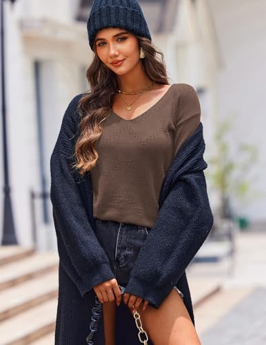 Image of Zeagoo Womens Sweaters Fall Trendy Casual Long Sleeve Shirt Lightweight V Neck Off Shoulder Crochet Pullover Top Outfit