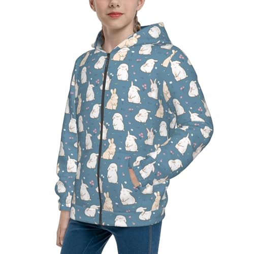 Hand Drawn Rabbit Kid Hoodies Boys Zip Up Sweatshirts Girls Pullover with Pocket