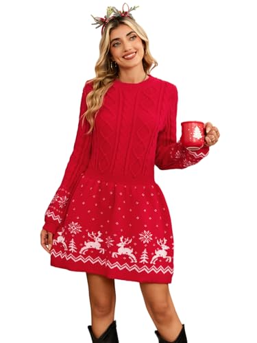 SunnyMelody Womens Christmas Sweaters Crew Neck Dress for Women Reindeer Snowflake Cable Knit Jumper 2025 Trendy Ladies Long Sleeve Pullover Sweater Dresses Red S