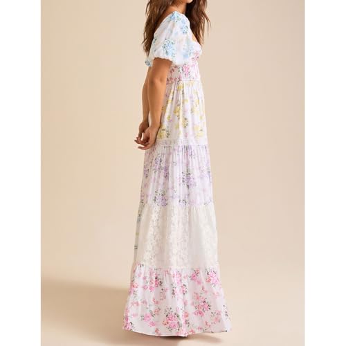 Women Floral Maxi Dress Smocked Puff Sleeve Square Neck Lace Patchwork Tiered Boho Long Dress Vacation Garden Party3