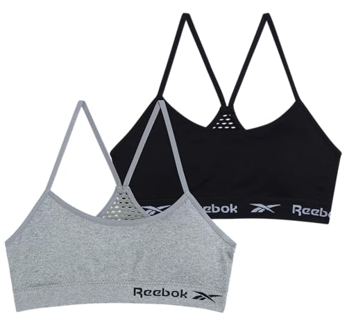 Reebok Girls Training Bra - 2 Pack Racerback Crop Cami Bralette with Removable Pads - Soft Seamless Bras for Teens (6-16)