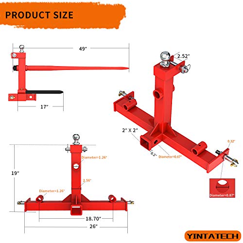 Image of YINTATECH 49 inch 3 Point Hay Spear for Tractor Cat 1 with 2 Stabilizers Bale Spear & 2 inch Receiver with Trailer Ball Gooseneck Drawbar, Loading 3000lbs,Red