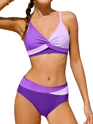 Image of Girls Swimsuit Color Block Bikini Sets Teen Bathing Suit Girls 2 Piece Swimsuits Criss Cross Swimwear for 9-16 Years
