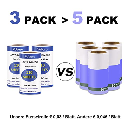 Vabaso 330 Blätter Extra Klebrig Fusselrolle mit 2 Ersatzrollen für Kleidung, Sofa, Bett und Teppich - Fusselroller für Tierhaare, Katzenhaare, Hundehaare Staub & Fussel, ca. 46,2m, 110 Blatt/Rollen