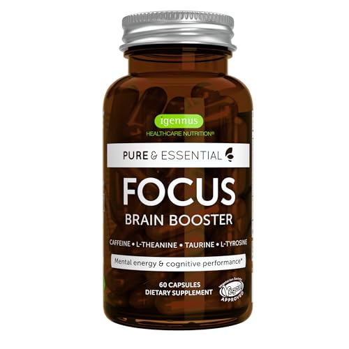 Igennus Focus: Suplemento Nootrópico para la Concentración con Vitaminas B Metiladas, Taurina, L-tirosina, L-teanina, 200 mg de Cafeína, Zinc y Cobre, 60 Comprimidos