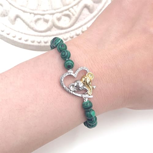 Image of Double Elephant Heart Charm Natural Crystal Bracelet, Treatment Stone Bracelet Calm Stretch Bracelet Women's Stress Relief Gift for Moms I Love You Couple Jewelry