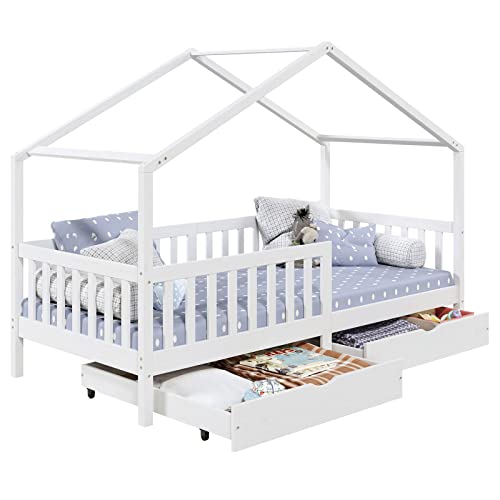 IDIMEX Lit cabane ELEA lit Enfant Simple Montessori 90 x 200 cm, avec 2 tiroirs de Rangement, en pin Massif lasuré Blanc