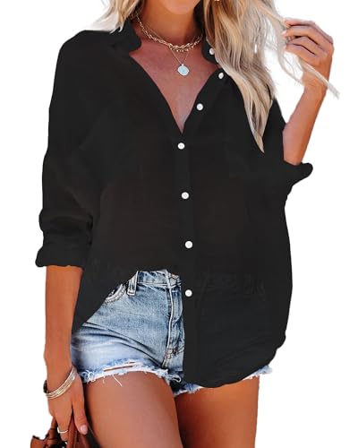 Image of Bsubseach Women Button Down Beach Shirt Long Sleeve Swimsuit Cover Up | Bathing Suit CoverUps Basic Lightweight Staple, Roll-Up Adjustable Sleeves, Drop Shoulder Oversized Blouse for Vacation