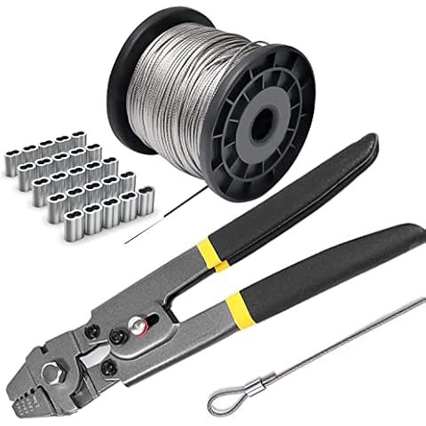 Wire Rope Crimping Tool Kit, with 1/16-304 Stainless Steel Cable 165 ft (7x7 Strand Core), 100 Cable Ferrule Aluminum Loop Sleeve Stops Cover
