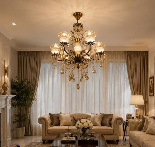 Image of Luxury Italian Chandelier Lamp, Antique Gold Finish, 6-Light Italian Hanging Ceiling Light Fixture with Decorative Crystals with Filament Bulbs (Multicolor, 6 * 5W)(Corded Electric,Gold)