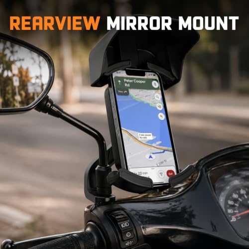 Image of Amkette iGrip Secure X2 Mobile Holder for Bike & Scooty with Mirror Mount, One Press Lock & Unlock, Built in Sunshade, Anti Slip Silicone Grip, 4 Corner Clamping, Compatible with 4.7 inch-7 inch Smartphones