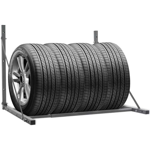 Teenpull Étagère à pneus argentée en acier galvanisé pliable, réglable de 81 à 122 cm de large, charge maximale de 136 kg, support mural pour pneus,...