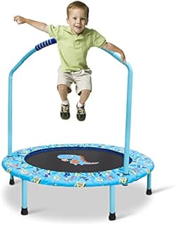 38'' Trampoline for Kids, Foldable Mini Fitness Trampoline with Adjustable Handrail and Safety Padded Cover Fitness Body Exercise for Indoor and Outdoor Play Max Load 132 lbs