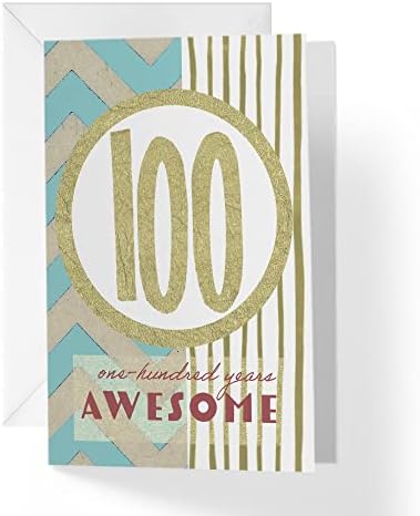 1Up Greetings 100th Birthday Card with Envelope - Gold Stripes Turquoise Chevron one-hundred years of awesome heartfelt message | 5”x7.5” | (Single Card)
