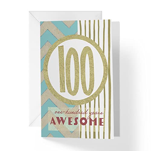 1Up Greetings 100Th Birthday Card With Envelope - Gold Stripes Turquoise Chevron One-Hundred Years Of Awesome Heartfelt Message | 5”X7.5” | (Single Card) #TOP3