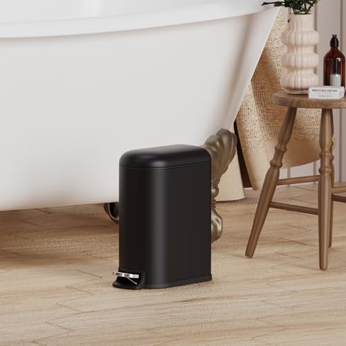 CEROELDA Small Bathroom Trash Can with Lid Soft Close, 5L/1.3 Gallon Stainless Steel Slim Garbage Can, Metal Waste Basket with Step Pedal, for Office, Bedroom, Toilet, Dorm Room (Black, 1.3 Gallon) by CEROELDA - Image 2