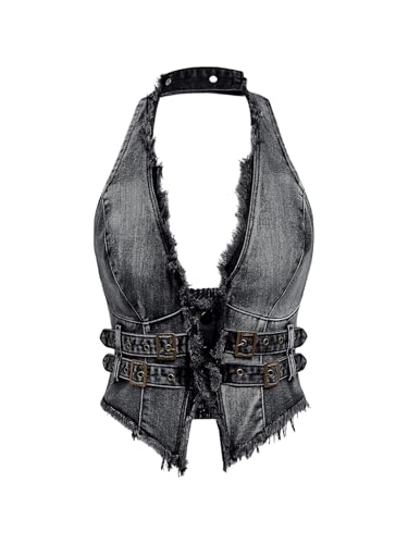 Floerns Women's Grunge Sleeveless Hater Backless Hip Hop Fringe Trim Vest Denim Tops