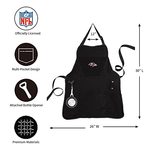 Team Sports America Outdoor NFL Black Grilling Apron | Baltimore Ravens | Made of Durable Cotton | Beverage Opener and Multi-Tool | Sports and Tailgaiting Apparel