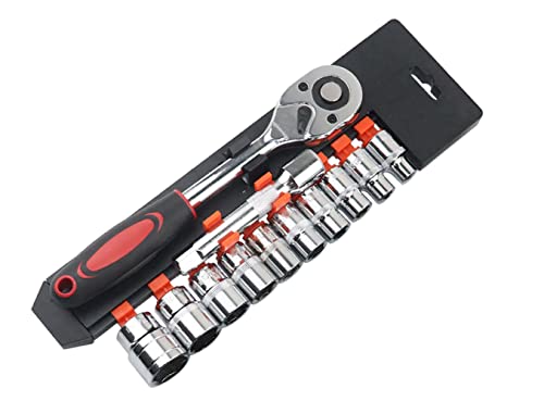 YEBOCIYO 12 Piezas Juego Llaves Carraca 1/2" Juego de Llaves de Vaso 8-24mm Hexagonales Puntas Hexagonales y Alargador de 125mm Carraca Reversible de Cr-V con Enganche Rápido y Barra de Extensión Cover